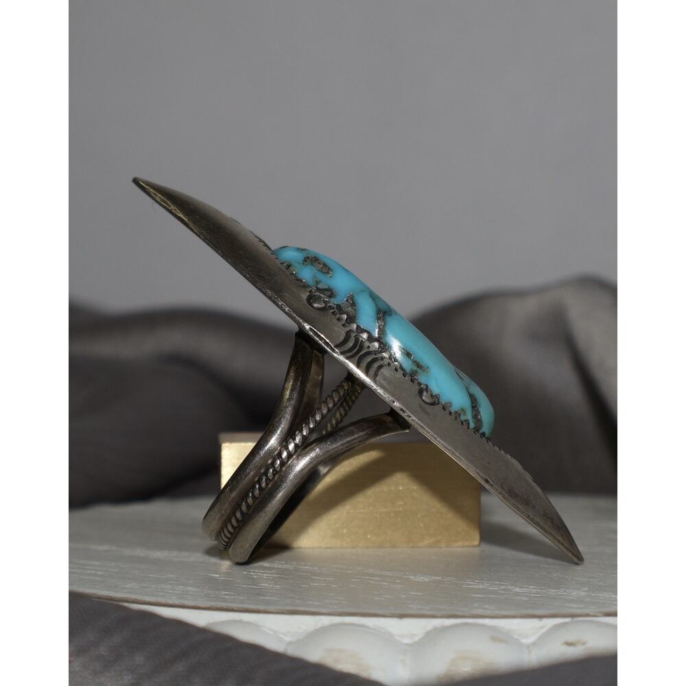 Vintage Navajo Sterling E Turquoise Ring 10.89G / Sz 8 - Picture 3 of 4